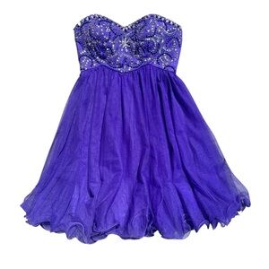 Blondie Nites Purple Strapless Beaded Dress Size 1/2 Mini Tulle Homecoming Prom